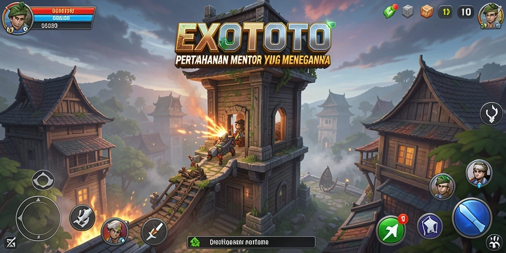 Tangkapan layar utama EXOTOTO menampilkan pertempuran menara yang epik.