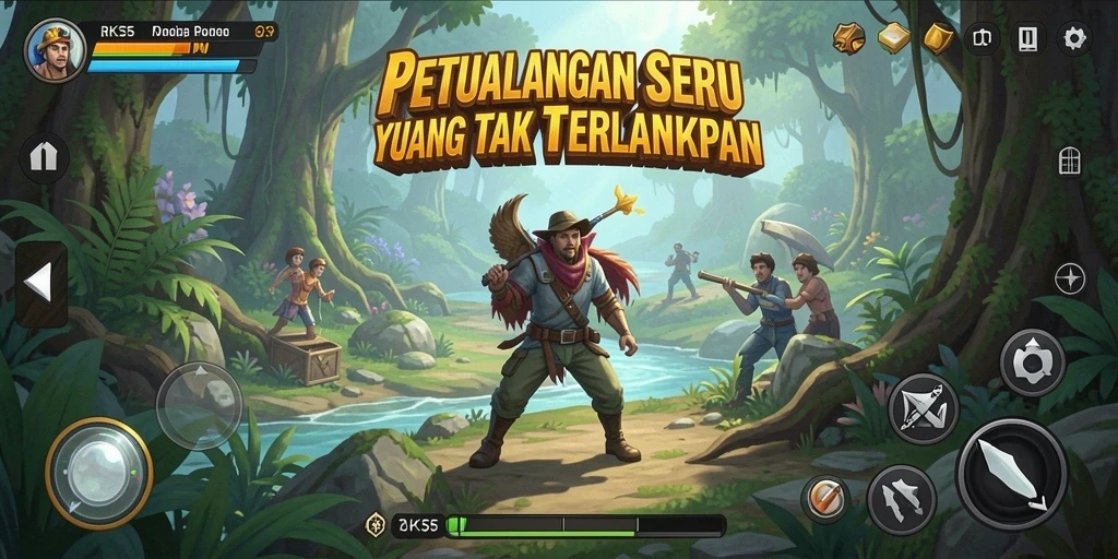 Tampilan gameplay RK55 dengan aksi petualangan yang mendebarkan.