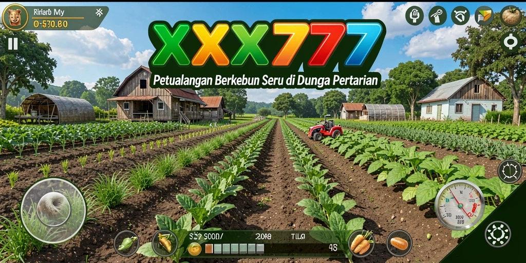 Tampilan gameplay XXX777 yang memperlihatkan kebun dan ladang yang subur.